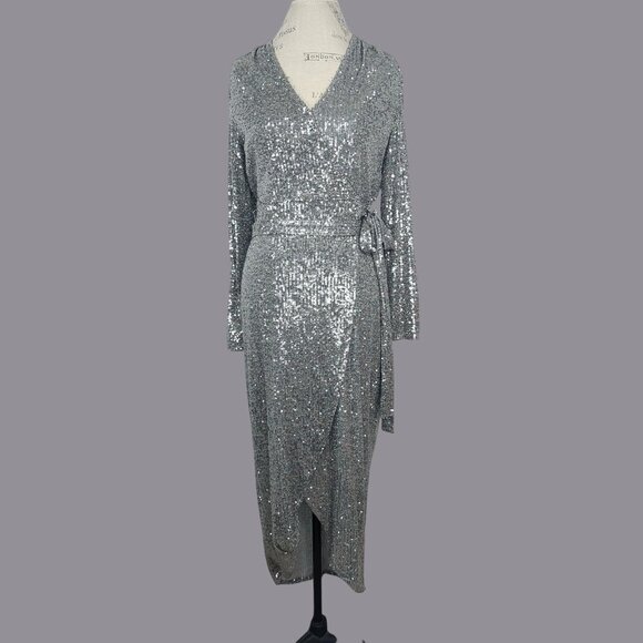 Halston Silver Sequin Dress 6 Small Wrap Midi - Picture 2 of 15